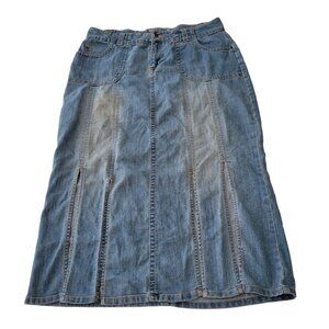Indulgences 14 Blue Jean Skirt Front Slits Faded Streaked Yellowstone